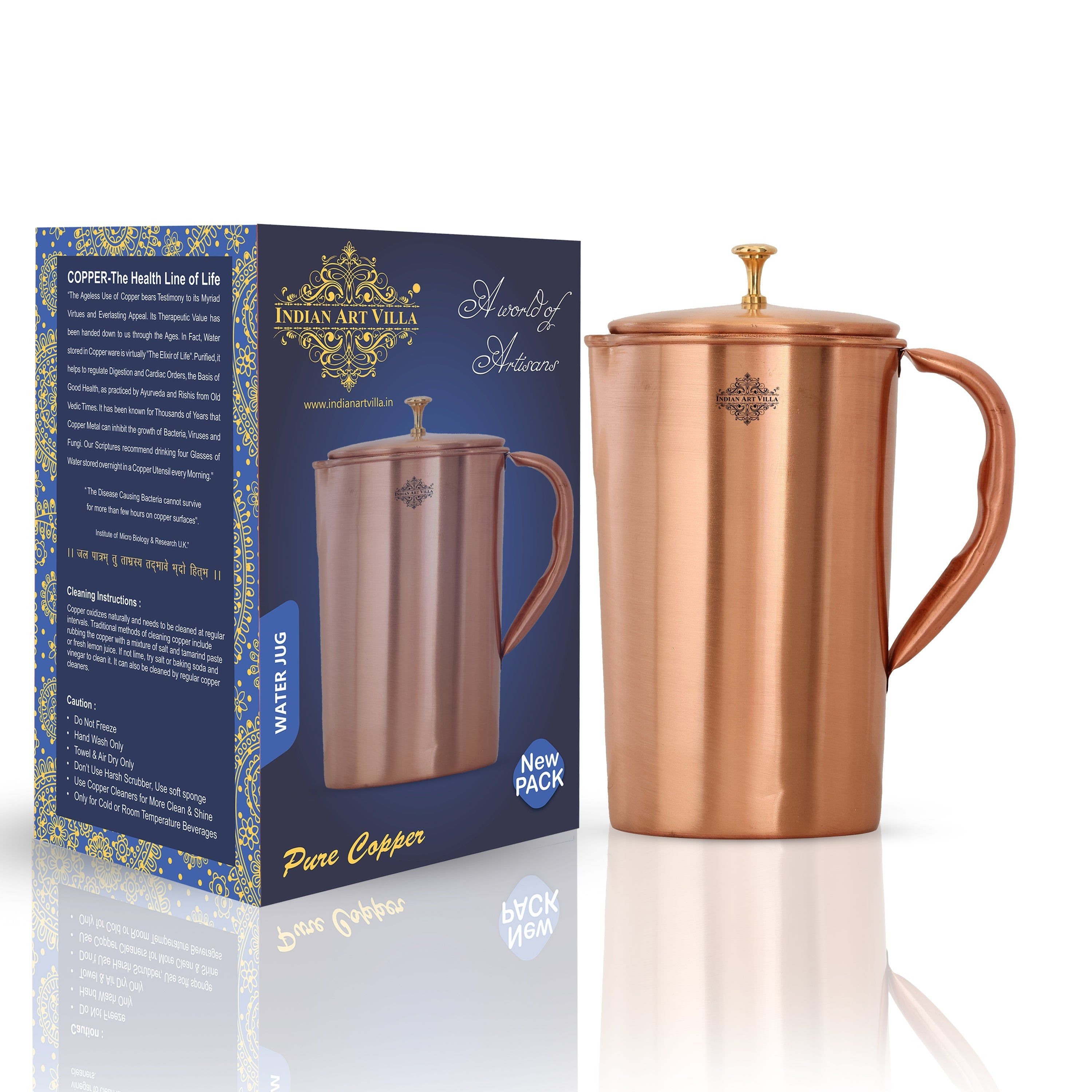 Pure copper plain jug with brass knob on lid, 1000 ML